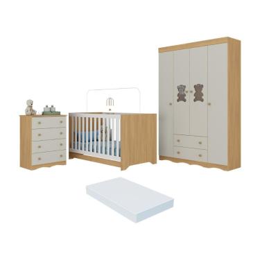 Imagem de Quarto De Bebê Completo Berço Americano 3 Em 1 Colchão Doçura Multimóveis MP4666 Madeirado-off White