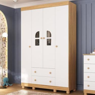 Imagem de Guarda-roupa Infantil 122cm com Vidro 4 Portas e 2 Gavetas Nina Multimóveis Mp4504 Madeirado/branco