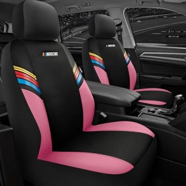 Imagem de NASCAR Capas de assento de carro, capas de assento de couro rosa e malha, capas de assento dianteiro de ajuste universal para carros com design compatível com airbag, interior de carro durável