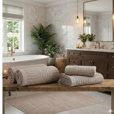 Imagem de Jogo De Banho 5 Peças Fio Penteado 100% Algodão Gigante Macio Toalha Grossa Dunna Luxo (Amendoa)