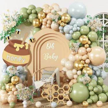 Imagem de Kit de arco de balão azul empoeirado verde sálvia para aniversário, chá de bebê, chá de panela, casamento, revelação de gênero, decorações de festa temáticas de urso de abelha com balões dourados