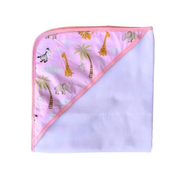 Imagem de Toalha de Banho com Capuz para Bebê, Estampa Safari, 100% Algodão, 70x70cm, Absorvente, Macia e Hipoalergênica (Rosa)