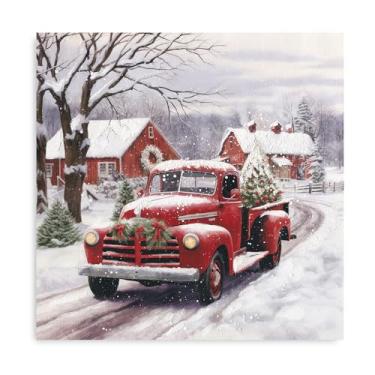 Imagem de ATELIYISHU Arte de Natal Red Truck Barn - vintage fazenda celeiro vermelho decoração de parede, pintura de caminhão de Natal emoldurada pronta para pendurar 61 cm x 61 cm