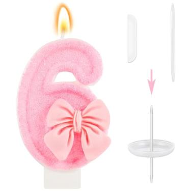 Imagem de Conjunto de velas de aniversário número 6 com laço rosa, tema doce, enfeite de bolo, decoração de cupcake para meninas, festa de aniversário, artigos de casamento