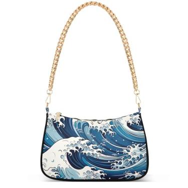Imagem de Bolsa feminina pequena para celular flamingos rosa aquarela praia pequena bolsa de mão fofa bolsa de ombro, Ondas azul-marinho
