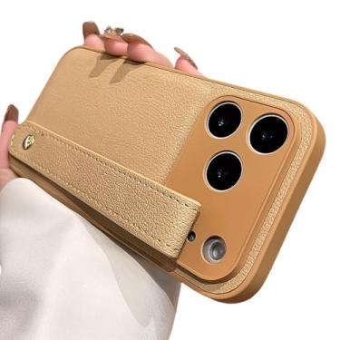 Imagem de Capa de couro resistente a impactos com alça de pulso de luxo para iPhone 17 Pro, 16, 15, 14, 13, 12 e 17 Pro Max, cor lisa, ShaMoGold, para iPhone 16e