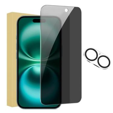 Imagem de Pacote com 1+1 protetor de tela para iPhone 16 Plus com protetor de lente de câmera cobertura total, película de vidro temperado anti-espião, dureza 9H, fácil instalação, sem bolhas [6,7 polegadas]