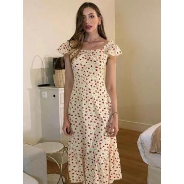 Imagem de Vestido midi feminino com babados e ombros de fora, estampa rosa vermelha creme, gola quadrada, rodado, casual, verão, Vermelho, M