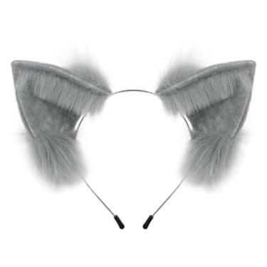Imagem de Adolala Faixa de cabeça de gato peludo, orelhas de raposa, Halloween, cosplay, festa à fantasia, para mulheres, Cinza, tamanho �nico