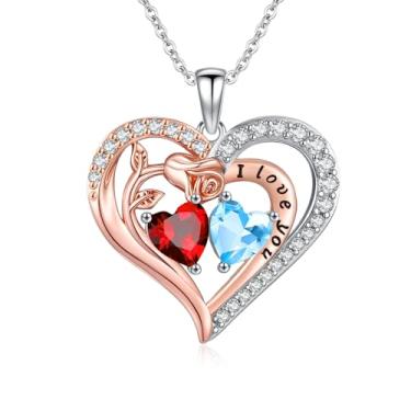 Imagem de WYDDO Colar de coração rosa para mulheres, pingente de pedra de nascimento duplo, presente de aniversário e Natal para sua esposa, mãe, filha, Base, Zircônia cúbica