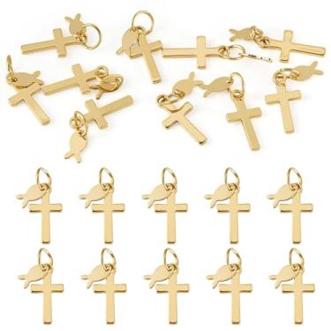 Imagem de Bestewelry 10 pingentes de cruz dourada com peixe, pingente de latão Jesus pingente de crucifixo de Cristo com anéis de salto de aço inoxidável 304 para colar pulseira gargantilha