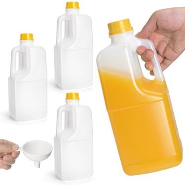 Imagem de Noamus Pacote com 4 garrafas de suco de plástico de 1,8 l com funil, recipiente vazio de HDPE de 2 L, tampas amarelas invioláveis, tampa e alça de garrafa de bebida transparente de meio galão, grau