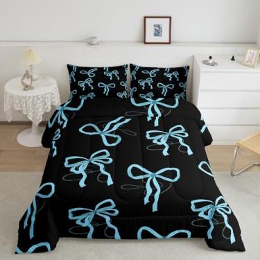 Imagem de Feelyou Conjunto de edredom fofo com laço, estampa de laço, para crianças, meninos, meninas, estilo princesa, preto, azul, 2 peças, tamanho solteiro