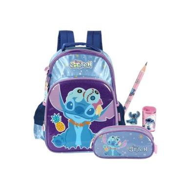 Imagem de Kit Mochila Costas Escolar E Estojo Stitch Disney Xepa Kids, Violeta