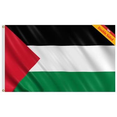 Imagem de Bandeira da Palestina com 3 camadas de dupla face, 1,5 x 2,3 m - Bandeiras nacionais palestinas, cores vivas, para todos os climas, com pano de sombreamento dentro, bandeiras palestinas de costura