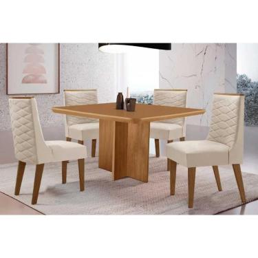 Imagem de Sala Jantar Mesa Berlim Tampo Curvo 90cm+4 Cadeiras Dafne Madeira Naturale - Capuccino/Suede Creme - Rufato