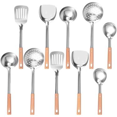 Imagem de KHZSPP Conjunto de 5 utensílios de cozinha de aço inoxidável com cabo de madeira, conjunto de utensílios de cozinha inclui concha de wok, escumadeira, espátula wok, espátula e colher com fenda, pode