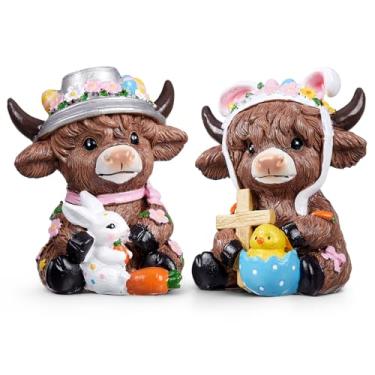 Imagem de Wonderjune 2 peças de estatuetas de vaca Highland em resina Highland Cow Decor Valentines Easter Figurines Valentine Spring Decorações para mesas centrais de mesa, bandeja em camadas, manto