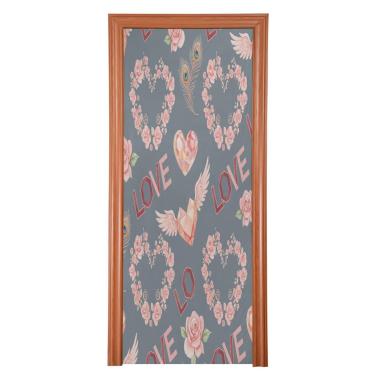 Imagem de ATTX Capa de porta da frente coração pena pavão dos namorados - tecido elástico lavável decoração de férias para festas, casa, decoração de porta da frente, 91 x 98 polegadas (723)