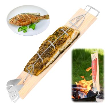 Imagem de Tábua de salmão com chama de madeira, suporte de carne reutilizável, 15 x 51 x 0,59 cm, tábua de defumar peixe ajustável em vários ângulos, grelha de peixe para tigelas de fogo, fogueira, churrasco ao