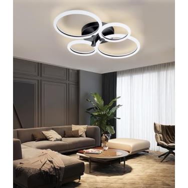 Imagem de Luminária de teto LED 52W de alto brilho para sala de estar, preta, moderna, dimerizável com controle remoto, ideal para quarto (preta, 4 anéis).