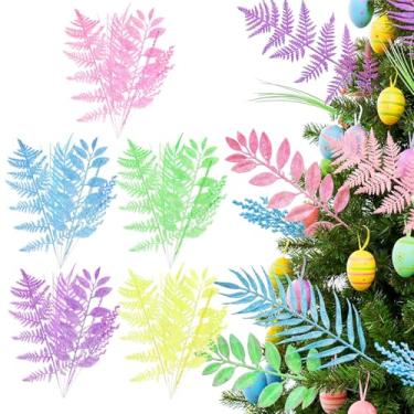 Imagem de Motionchic 50 palhetas e sprays de árvore de Natal em cores macaron para árvore de Natal, galhos de pinheiro com glitter, hastes de galho com glitter para decoração de guirlanda de vaso de Natal