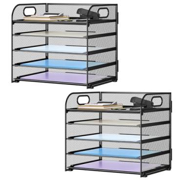 Imagem de Kinkota Bandeja organizadora de papel com alça de malha, 5 bandejas, organizador de arquivos de mesa, organizador de papel para escritório, casa ou escola, preto, pacote com 2