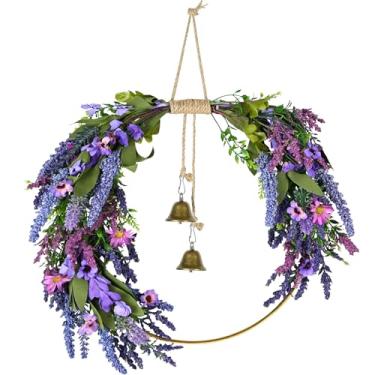 Imagem de Guirlandas de lavanda para porta da frente, guirlandas de primavera, guirlanda de margarida roxa com folhas verdes, guirlanda de argola artificial de primavera e verão para porta, varanda, parede de