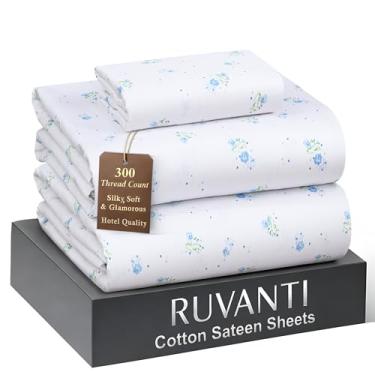 Imagem de RUVANTI Jogo de cama solteiro 100% algodão - tecido de cetim macio sedoso para uma sensação de hotel de luxo, bolso profundo de 40,64 cm, refrescante, respirável e durável, 3 peças, floral jogado