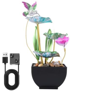 Imagem de Fonte de água de mesa, 3 camadas, folhas, pequenas fontes de cachoeira, alimentadas por USB, enfeite de água de mesa com seixos e luzes para escritório e casa (sem anel de LED)