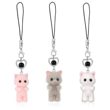 Imagem de 3 peças de berloques de telefone de gato fofo, berloque de telefone de gato kawaii Y2K fofo pingente estético bonito móvel para câmera móvel chaveiro bolsa decoração suprimentos (estilo A)