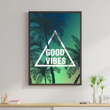 Imagem de Quadro Good Vibes - Palmeira E Por Do Sol 60X40Cm Preta