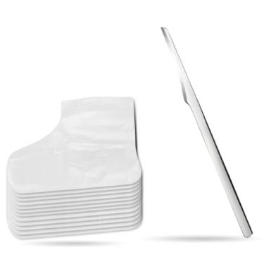 Imagem de Bota Botinha Plástica Descartável 100 Unidades + Espátula Bisturi Spa Pés Raspador Calo Pele Morta Pedicure Podóloga Salão Clínica Qualidade Marca MONOLO MULTISHOP (Inox)