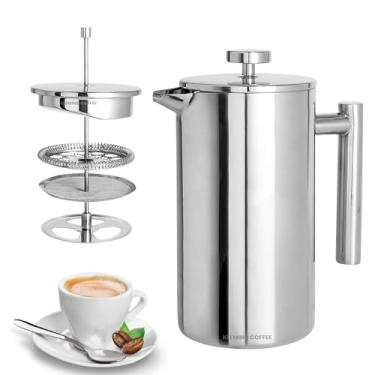 Imagem de KLEMING COFFEE | Cafeteira de Prensa Francesa com Parede Dupla em Aço Inoxidável, 800 ml, Térmica, 60 MinutosTempo de Preservação do Calor, Filtragem Perfeita, Aço Inox 304, Prata.