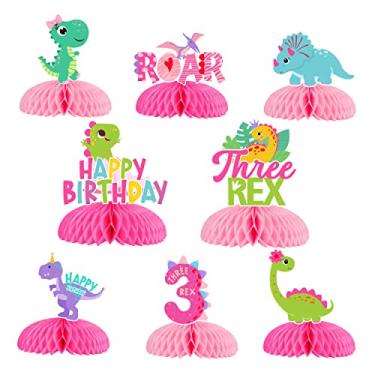 Imagem de Peças centrais de favo de mel de dinossauro rosa, decoração de mesa de aniversário Little Dino Three Rex rugindo para meninas tema T-Rex suprimentos para festa de aniversário de 3 anos