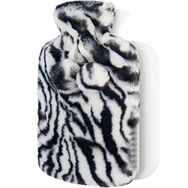 Imagem de Garrafa de água quente com capa de pelúcia macia bolsa de água quente para compressas quentes e frias, aquecedor de pés de mão, ideal para cólicas menstruais, alívio da dor no pescoço e ombro, preto, 1800 ml