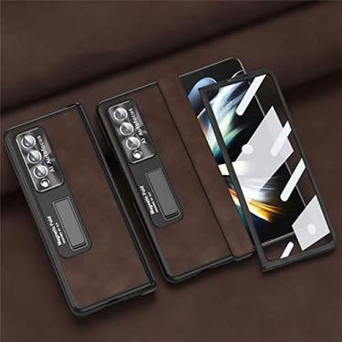 Imagem de FIRSTPELLA Capa compatível com Samsung Z Fold 3, capa traseira de couro de luxo com moldura de lente de textura de CD de metal e lente de vidro, capa de telefone com proteção de dobradiça magnética café