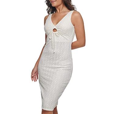 Imagem de GUESS Vestido feminino contemporâneo com bainha de renda geo com detalhe de orifício de chave, Branco, 46
