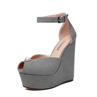 Imagem de WAYDERNS Sapato feminino de camurça peep toe casamento tira no tornozelo plataforma sexy fivela cunha salto alto sapatos 6 polegadas, Cinza, 12.5