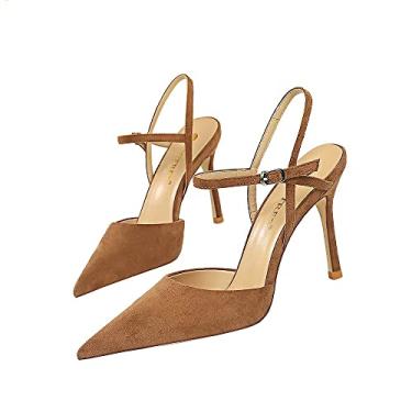 Imagem de YGJKLIS Sapato feminino fechado bico fino salto alto 9,5 cm stiletto salto alto camurça tira no tornozelo sandália de salto alto, Caqui, 6