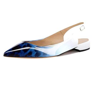 Imagem de Fericzot Sapatos femininos sensuais sandálias de bico fino salto baixo quadrado fivela Drees Flat Shoes Plus Size, Leopardo azul - patente, 7