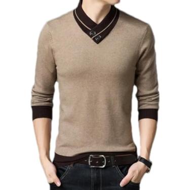 Imagem de KANG POWER Suéter masculino de inverno casual masculino gola em V suéter de malha gola alta masculino pulôver de malha gola dupla para negócios, Caqui, Small