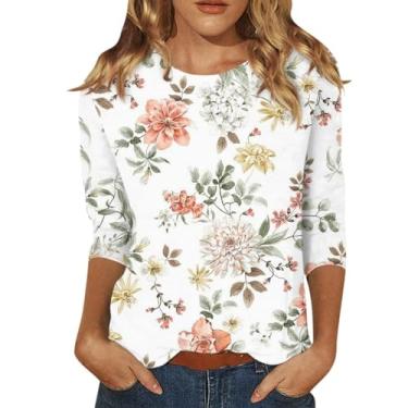 Imagem de Camiseta feminina de manga 3/4 com estampa floral para sair 2024 moderna verão casual macia blusa básica leve, Caqui, P