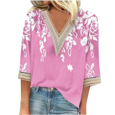 Imagem de Blusa feminina floral manga cotovelo verão elegante gola V manga 3/4 camisetas para sair túnica tops streetwear, rosa, M