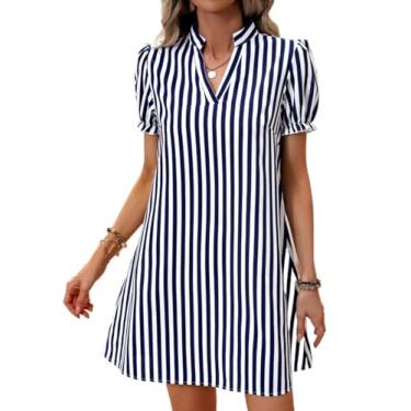 Imagem de Camisa Feminina Striped Print Button Back Puff Sleeve Shirt Dress (Color : Blue and White, Size : M)