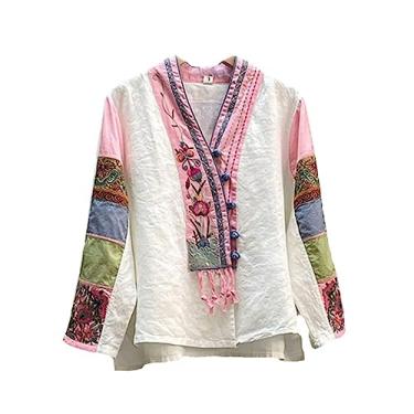 Imagem de Camisa feminina estilo nacional bordado linho chinês oriental vintage primavera curta patchwork tang terno camisa feminina, Branco, PP
