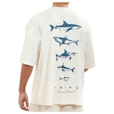 Imagem de BEAUDRM Camiseta masculina de manga curta com estampa animal e gola redonda, tamanho grande, casual, verão, Bege, G