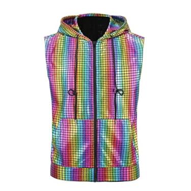 Imagem de GRAJTCIN Colete masculino metálico sem mangas com capuz e zíper para discoteca camisas metálicas, Xadrez multicolorido, G