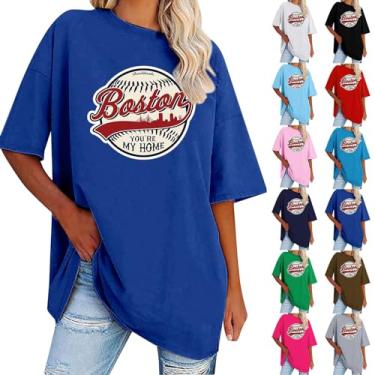 Imagem de Blusa feminina casual de beisebol Boston tamanho grande para o verão, folgada, gola redonda, manga curta, leve e moderna, Azul Adark, XXG