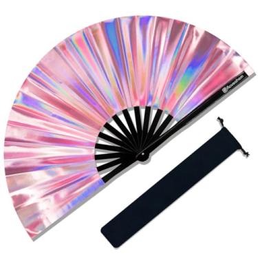 Imagem de Raveahem Ventilador de mão dobrável grande com glitter para homens e mulheres, ventilador de mão para EDM, festival, clube, festa, dança (rosa holográfico, 33 cm)